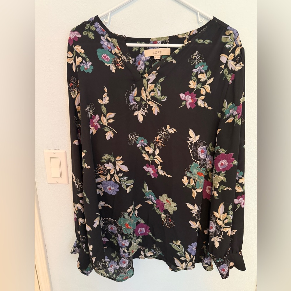 LOFT Black and Green Floral Blouse